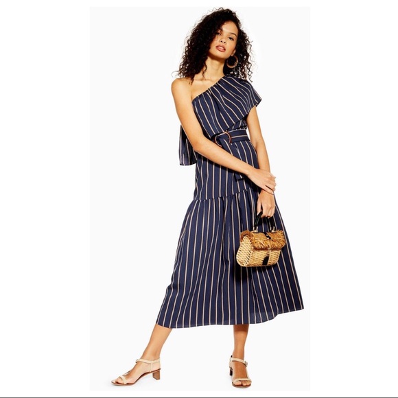 NEW TOPSHOP STRIPED ONE SHOULDER MIDI DRESS - Picture 9 of 9